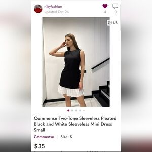 Commense Two-Tone Sleeveless Pleated Black and White Sleeveless Mini Dress Small